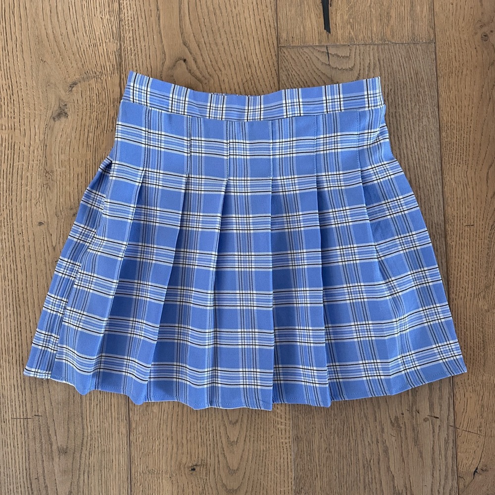Shein Girls 11/12 Carolina Blue Plaid Preppy Pleated Ruffle Skirt
